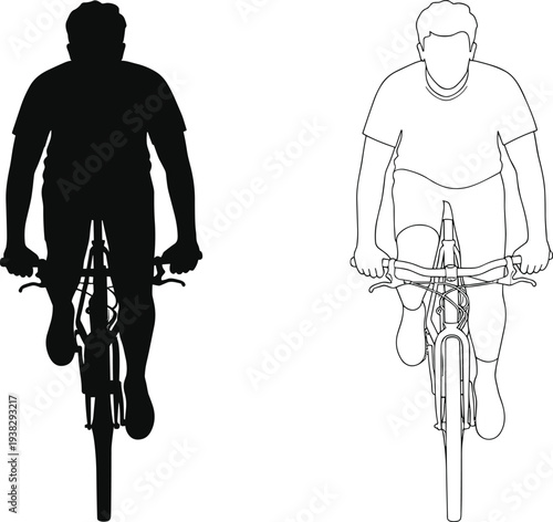 Cyclist silhouette illustration, bicycle rider line art, front view cycling design, sports motion graphic, fitness transport icon, athlete pedaling outline