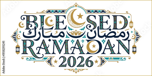 Blessed Ramadan 2026 typographic vector illustration with crescent and lantern ornaments.
