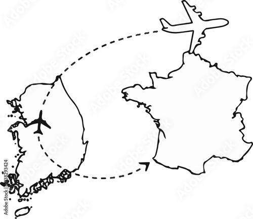 Airplane routes connect South Korea and France, illustrating travel