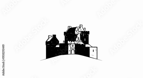 Monochrome illustration of a fortified castle with towers on a grassy hill