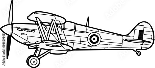 Line drawing of a classic biplane with a propeller and landing gear