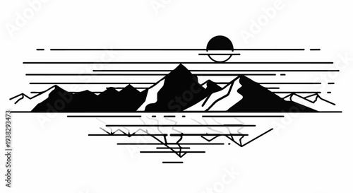 Stylized black and white mountain range with sun and reflection