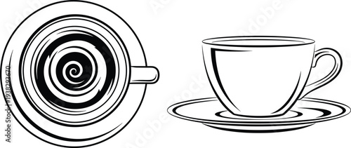 Teacup saucer silhouette, spiral pattern design, minimalist line art illustration, optical illusion cup graphic, beverage icon outline, artistic drink symbol