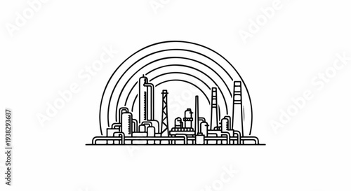 Stylized industrial complex with overhead concentric arches