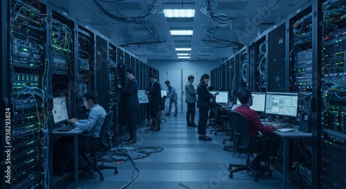 Data Center Operations: Inside a cutting-edge data center, technicians meticulously manage servers and networks, embodying the nerve center of digital connectivity.