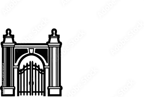 Ornate black and white arched gate with decorative pillars and finials