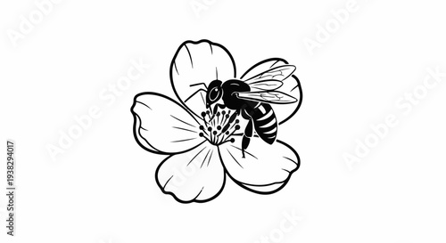 Detailed illustration of a bee collecting nectar from a blossoming flower