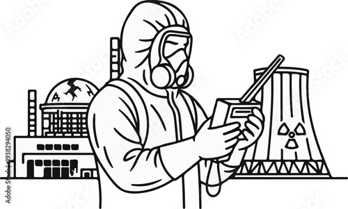 Person in hazmat suit with Geiger counter near a damaged nuclear facility