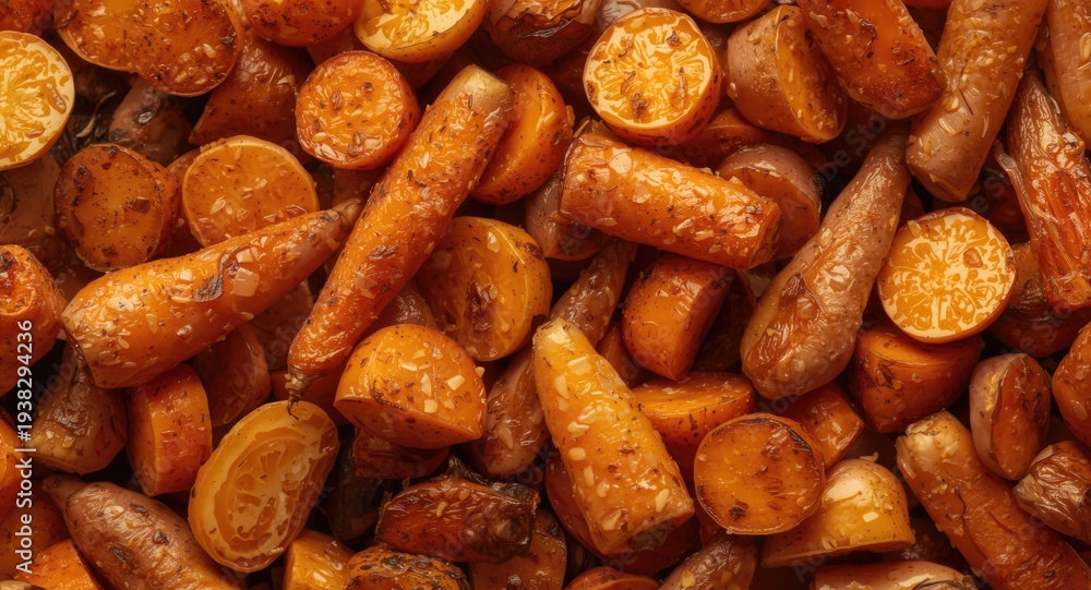 Obraz premium Closeup overhead image showing a blend of roasted carrot sweet potato and parsnip roots