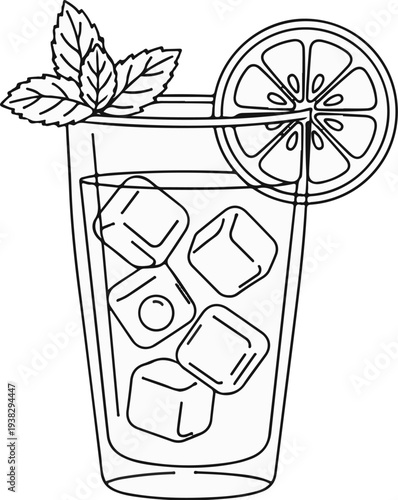 Tall glass of refreshing beverage with ice, citrus slice, and mint