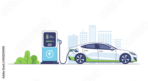 Electric car charging at station.