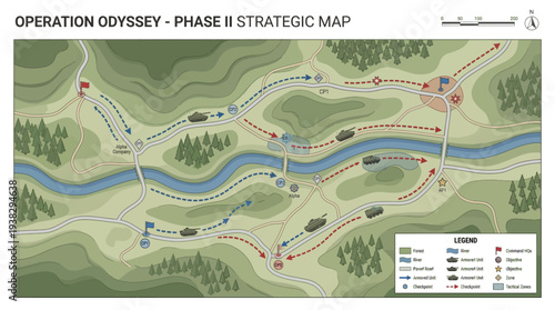 A futuristic military strategic map of a global operation plan with a blue river and green terrain background