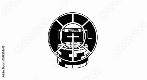 Stylized well with rope and cross, rendered in stark black and white