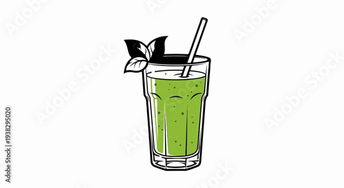 Refreshing green smoothie in a glass with a straw and garnish