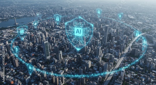 AI-Powered City: A futuristic cityscape, protected by an AI-powered security shield, represents the smart city concept.
