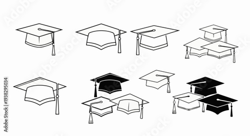 Collection of academic graduation caps, some solid black, some outlined