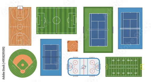 Collection of Various Sports Fields and Courts Top View.