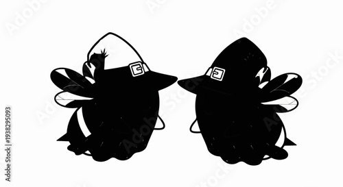 Two cartoon-like pilgrim figures with wings facing each other