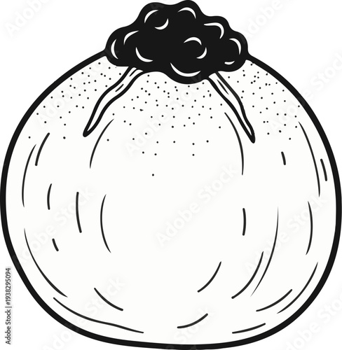 A stylized illustration of a rounded, baked good with a dark topping