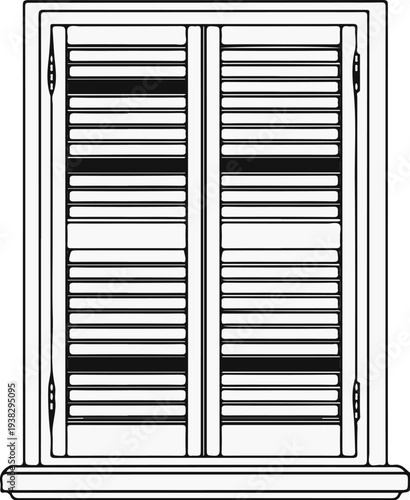 A stylized illustration of a double window with closed louvred shutters