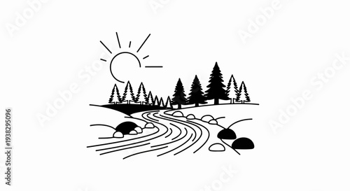 Stylized sun shines on a winding river with trees and rocks