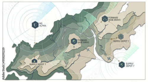 A futuristic military map of the world with a green, brown, and beige color scheme, showcasing global geography and strategic locations
