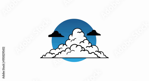 Stylized cloud formation against a blue gradient circle with dark clouds