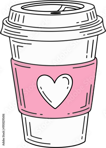 A hand-drawn stylized image of a white coffee cup with a pink sleeve featuring a heart