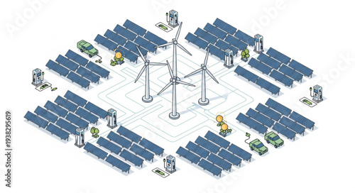 Renewable energy farm with solar panels and wind turbines.