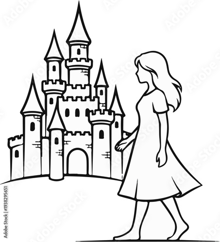 A girl walks towards a castle with many towers and a large arched entrance