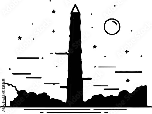 Stylized monument silhouetted against a starry night sky with a crescent moon