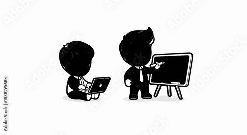 Stylized figures in business attire engaged in digital and board learning