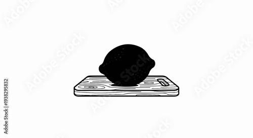 A solitary black lemon rests on a rustic wooden cutting board