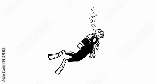 A solitary scuba diver with fins and oxygen tanks swims downwards