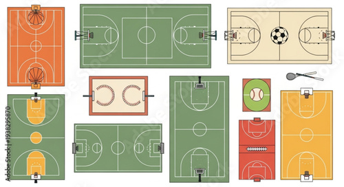 Collection of Various Sports Fields and Courts Top View.
