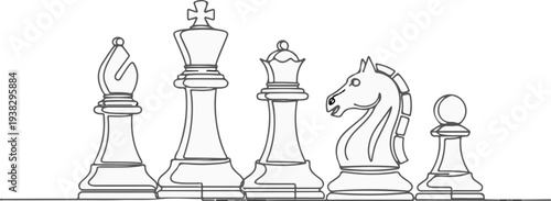 A simple line art illustration of five different chess pieces in a row