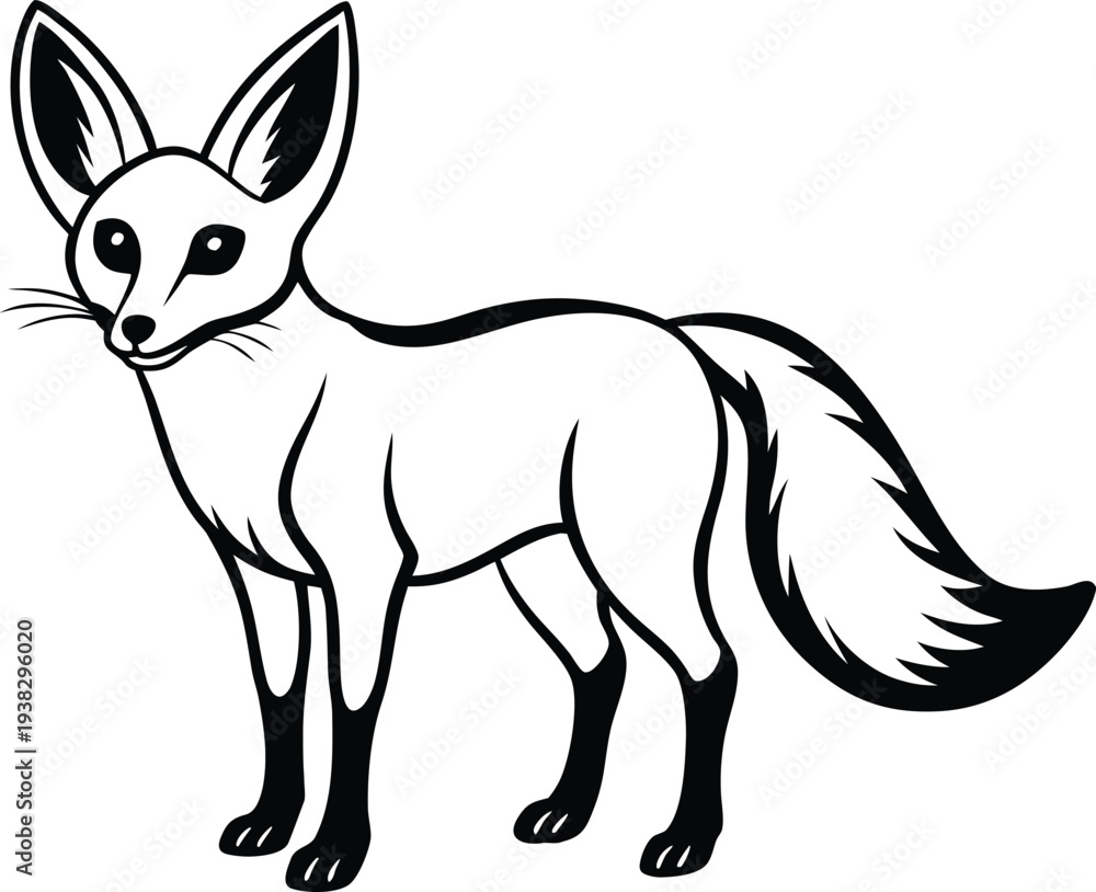Fototapeta premium A stylized, monochrome illustration of a Fennec fox stands centered against a pure white background. The fox is depicted in a full-body pose, with a slender build and long, thin legs. Its most promine