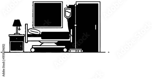 A hospital room with a bed, monitor, IV, and bedside table