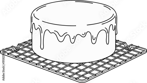 A round frosted cake with icing dripping onto a wire cooling rack