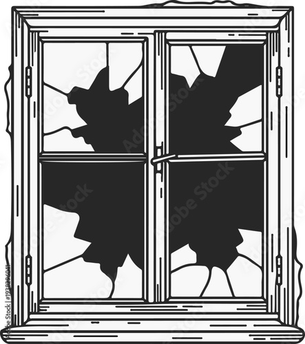 A broken window with four panes and a handle