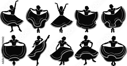 Set of flamenco dancer silhouettes in traditional Spanish dresses, elegant female dance poses, black vector illustration isolated on white background for design