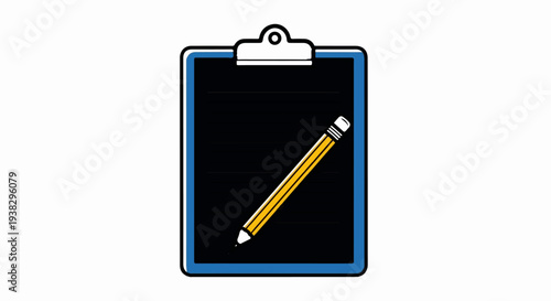 A black clipboard with horizontal lines and a yellow pencil is displayed