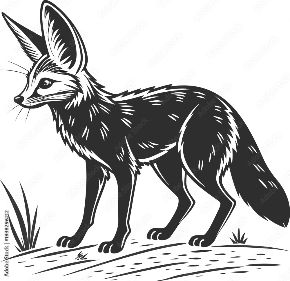 Obraz premium A stylized, monochrome illustration of a Fennec fox stands centered against a pure white background. The fox is depicted in a full-body pose, with a slender build and long, thin legs. Its most promine