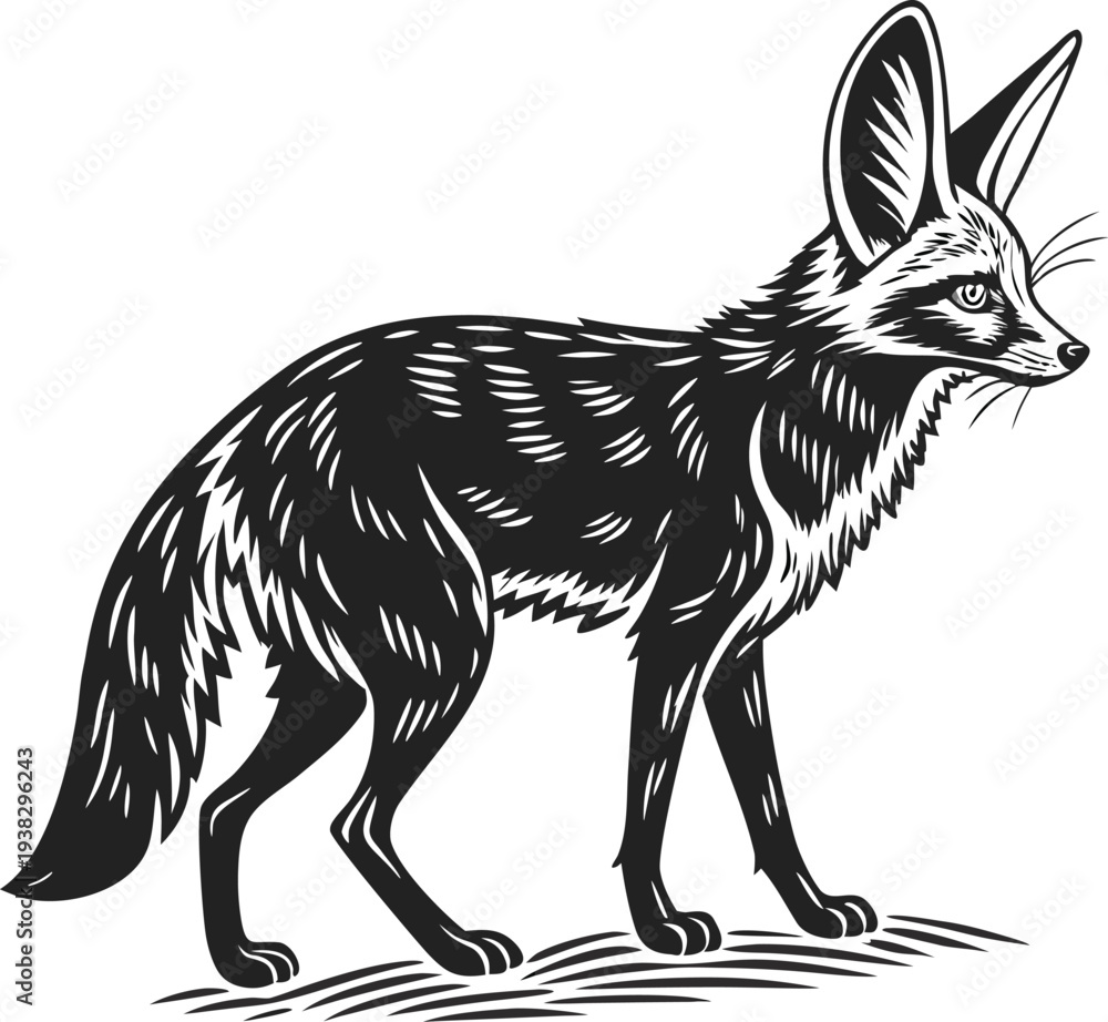 Obraz premium A stylized, monochrome illustration of a Fennec fox stands centered against a pure white background. The fox is depicted in a full-body pose, with a slender build and long, thin legs. Its most promine
