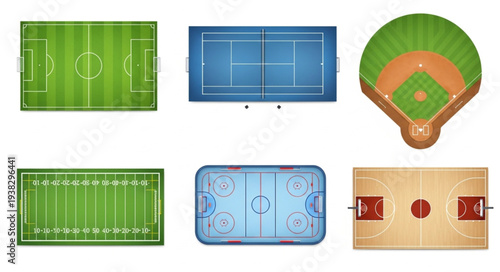 Collection of Six Different Sports Fields and Courts Overhead View.