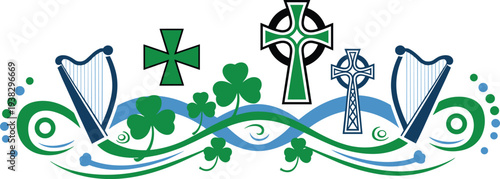 Decorative Celtic Irish Symbols Pattern, Shamrock Clover, Harp, Celtic Cross, Trinity Knot Waves, Traditional Ireland Heritage Design Illustration Vector Ornament