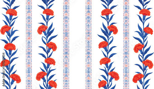 Ukrainian Folk Floral Border with Red Flowers and Blue Leaves Traditional Ornament Illustration