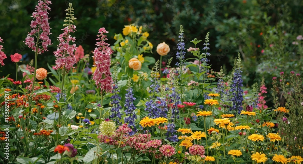 Fototapeta premium Colorful summer garden with blooming flowers and vibrant nature scenery
