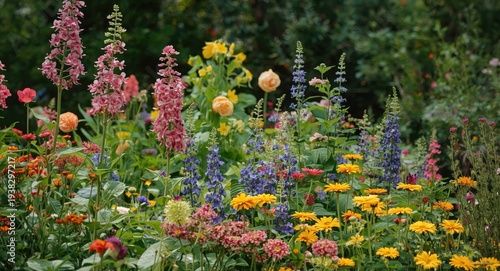 Colorful summer garden with blooming flowers and vibrant nature scenery