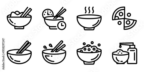 Asian Food Bowl Line Icons Set with Noodles Soup Rice Bowl and Chopsticks Food Symbols
